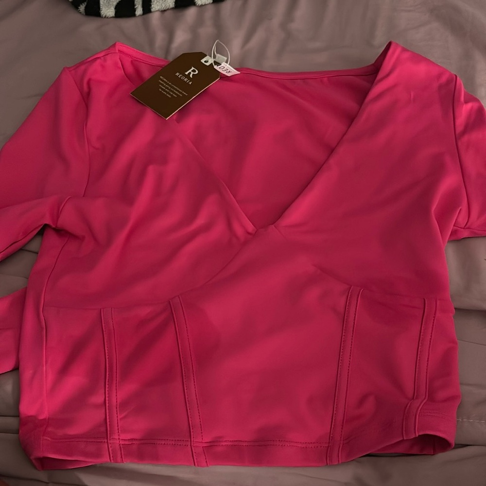 long sleeve hot pink v neck shirt